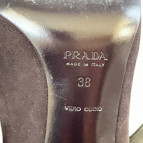 Vintage Prada Brown Green Suede Tie Strap Two-Tone Knee High Block Heel Boots 38 - Picture 10 of 12